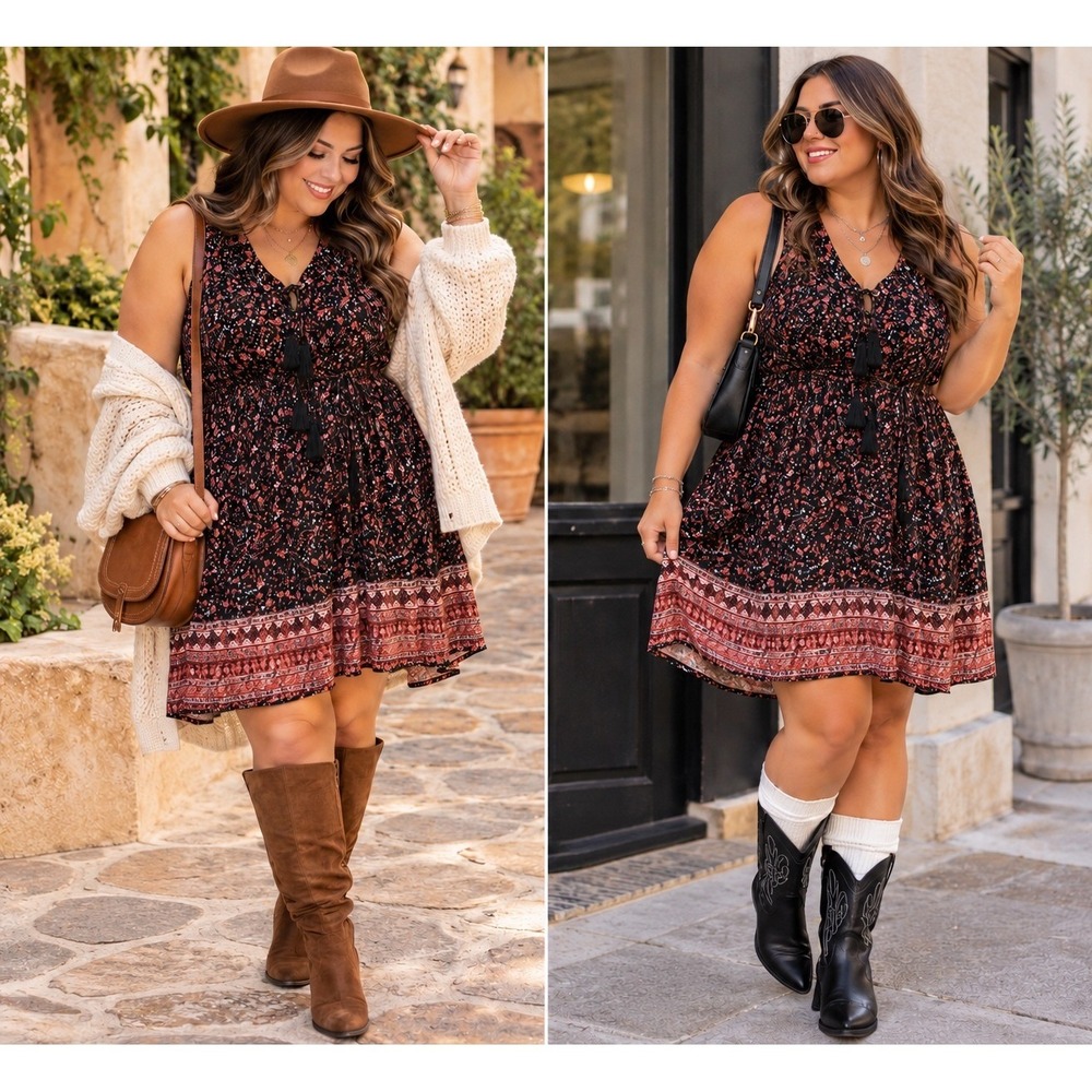 Forever 21 Plus Size 0X Floral Boho Lace Up Tassel Mini Dress Black Red Ditsy